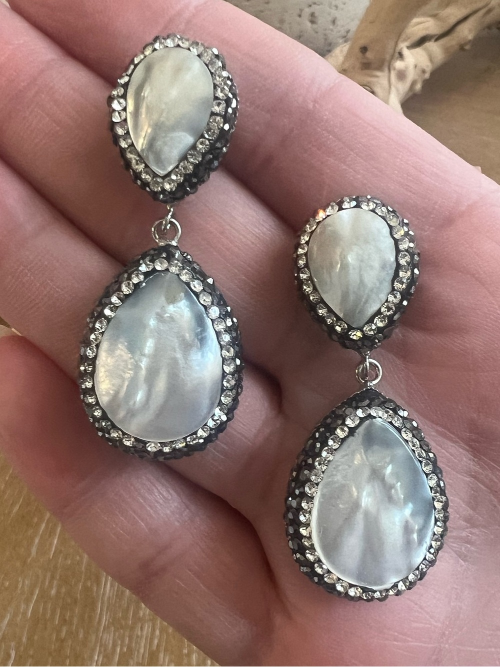 Iris and Lily Drop Mother of Pearl Teardrop Dangle Earrings - White